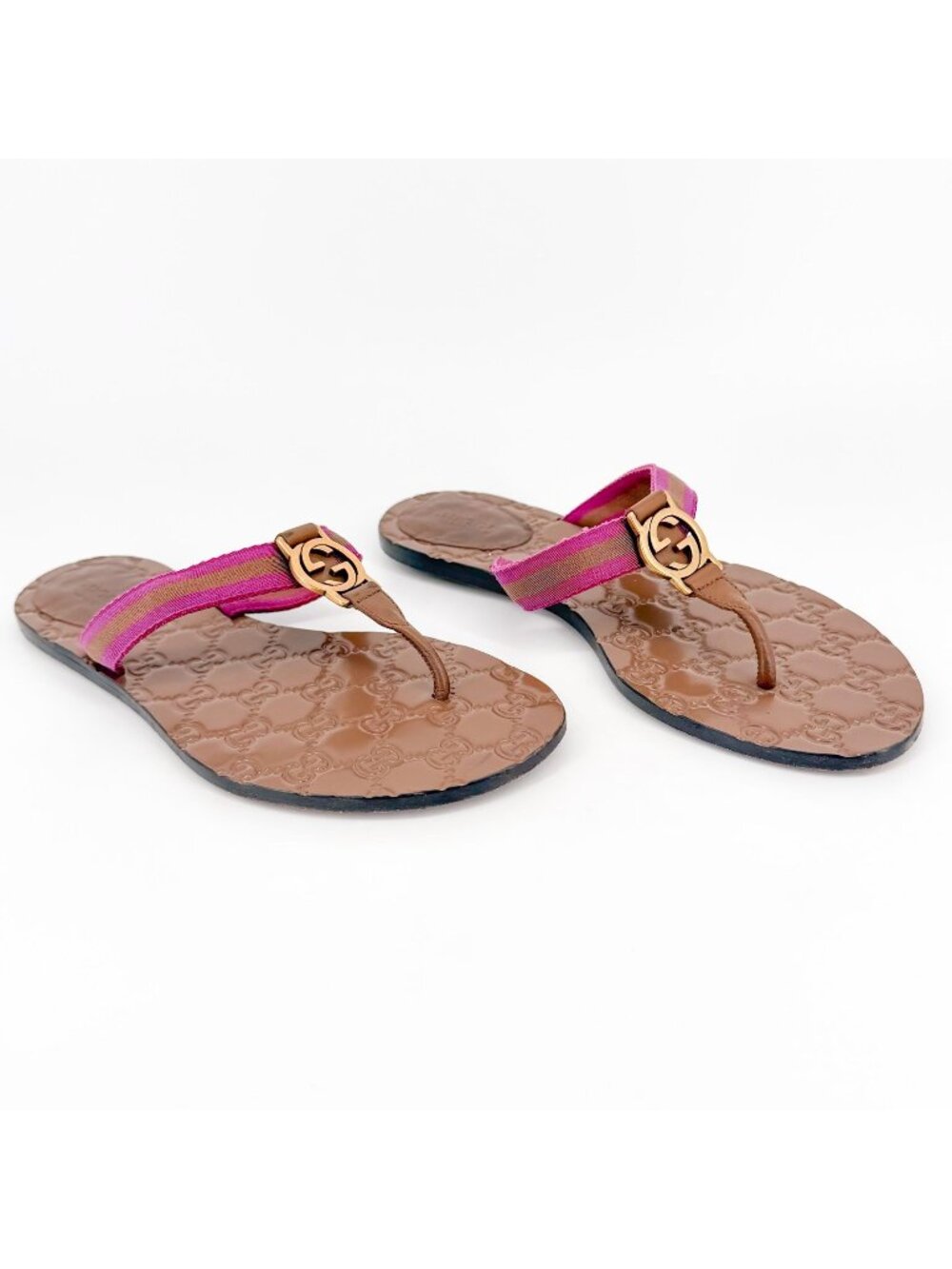 Gucci Brown Leather Logo Flip Flop Sandals with Pink Straps